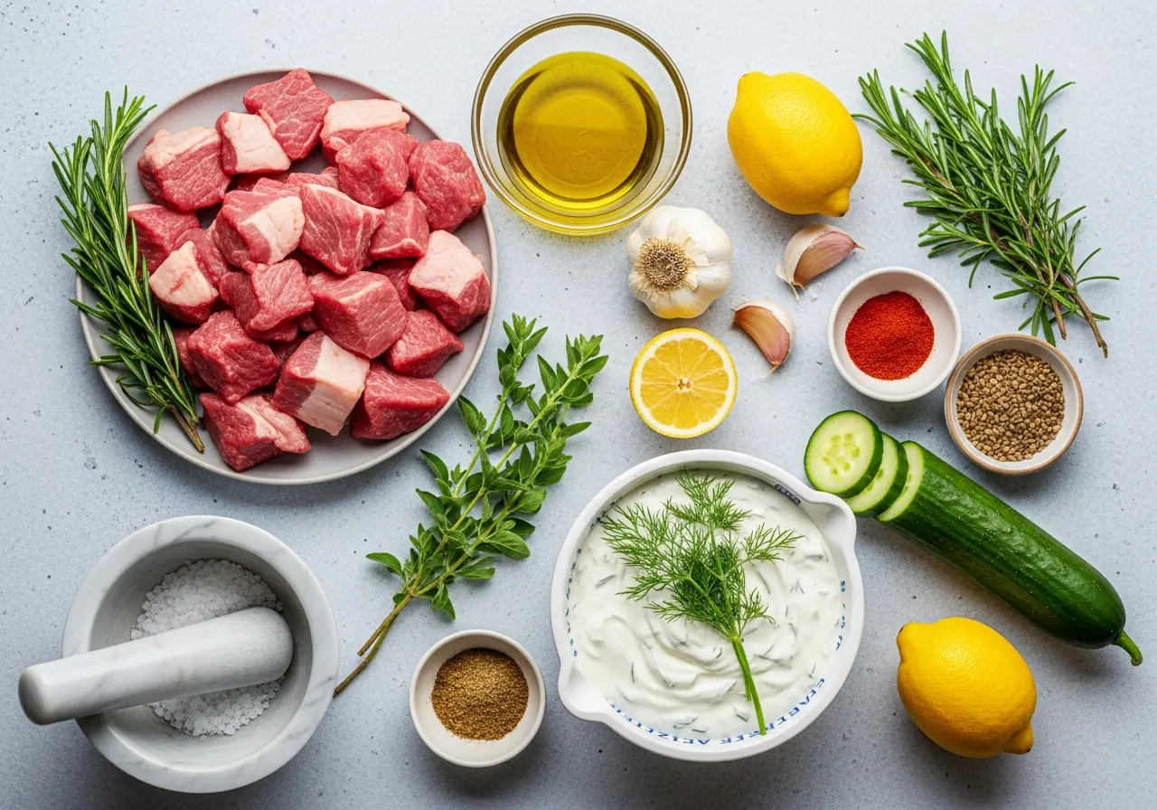 Ingredients for lamb kebabs and tzatziki: lamb, yogurt, cucumber, fresh herbs, and spices.