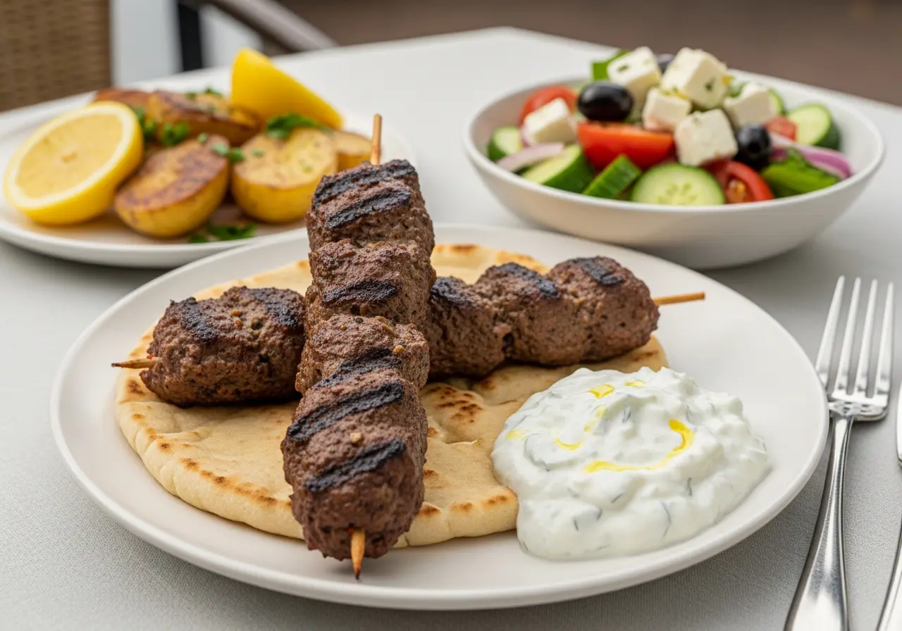 Lamb kebabs served on a plate with pita bread, tzatziki, Greek salad, and potatoes.