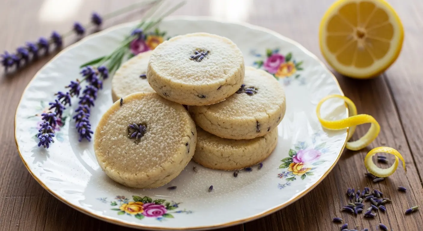 Delicate lavender shortbread cookies dusted with powdered sugar and garnished with fresh lavender sprigs.