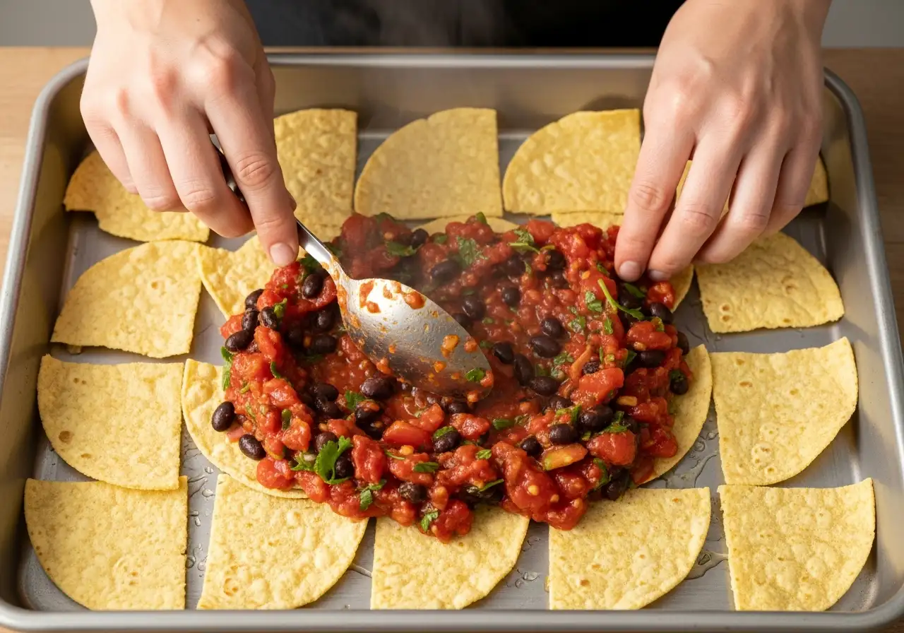 Layering corn tortillas and spiced tomato-bean mixture in a baking dish.