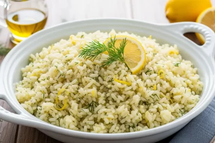 Bright and fluffy lemon dill rice with fresh herbs, served in a ceramic bowl.