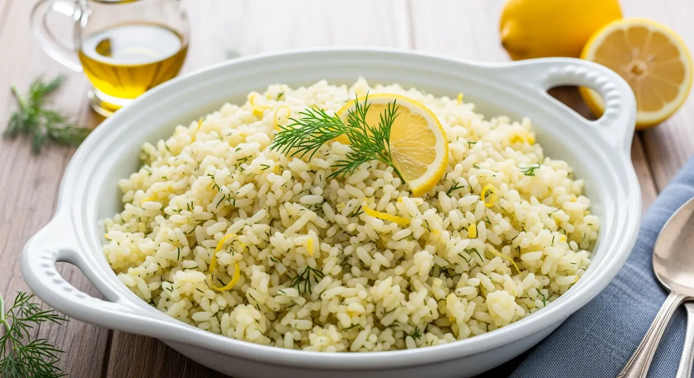 Bright and fluffy lemon dill rice with fresh herbs, served in a ceramic bowl.