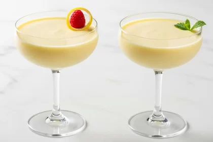 Traditional English lemon posset dessert, silky and creamy, served in elegant glassware with lemon garnish.