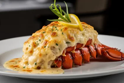 Elegant French Lobster Thermidor in the shell with creamy sauce and golden cheese gratin.