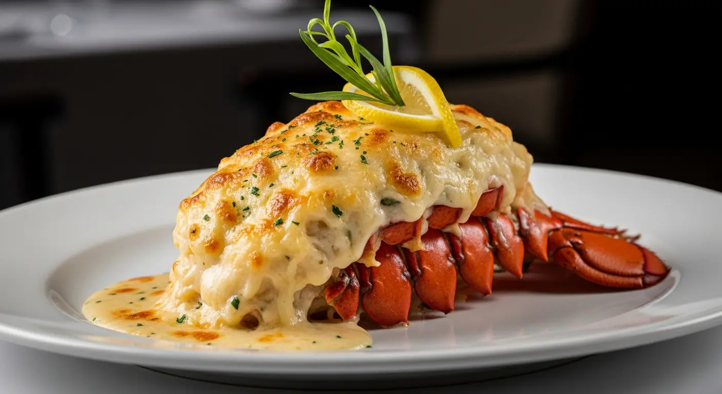 Elegant French Lobster Thermidor in the shell with creamy sauce and golden cheese gratin.