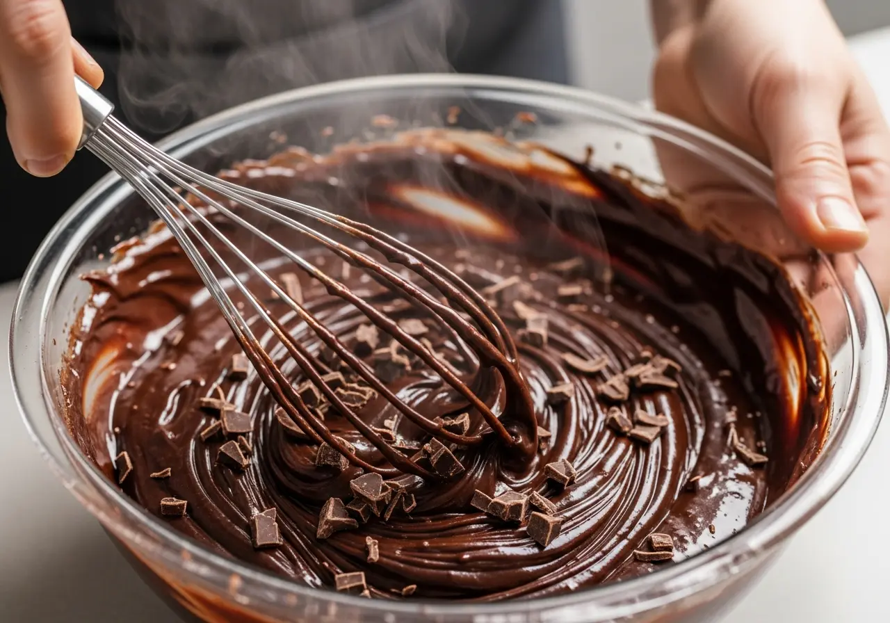 Making chocolate cream pie filling by melting dark chocolate with hot heavy cream.