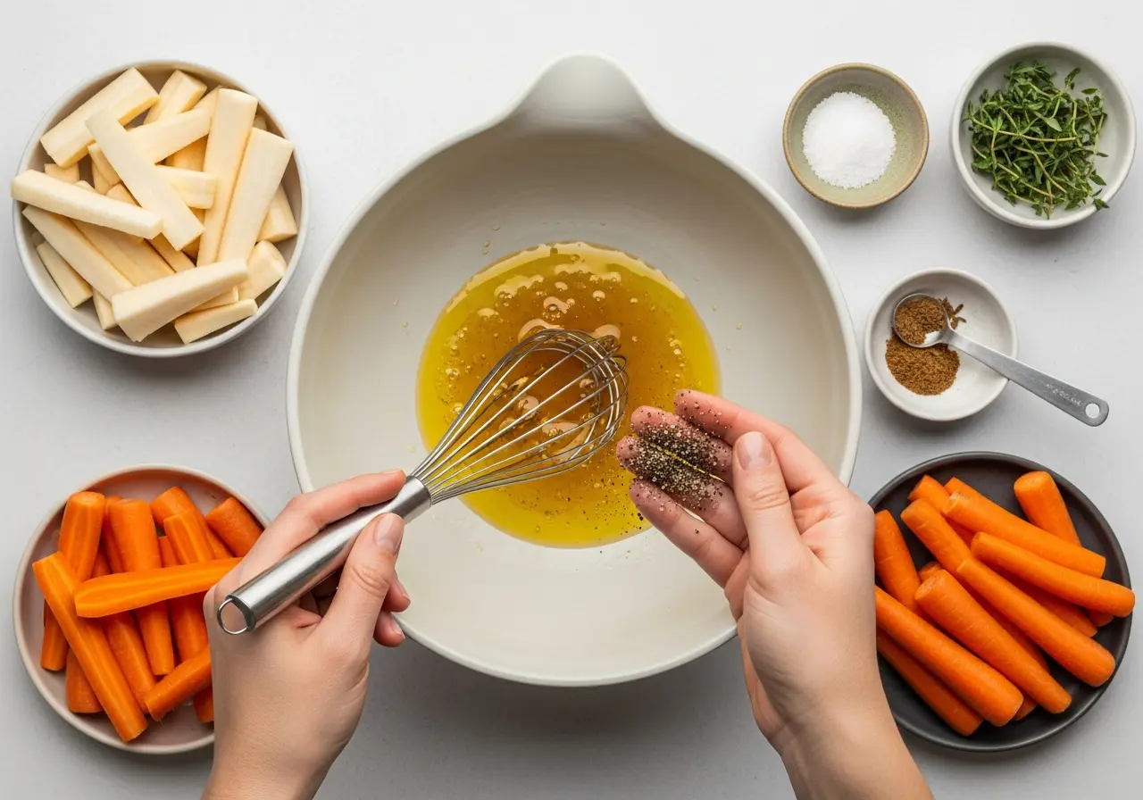 Hands whisking honey, olive oil, and spices in a bowl to make glaze for roasting parsnips and carrots recipe.