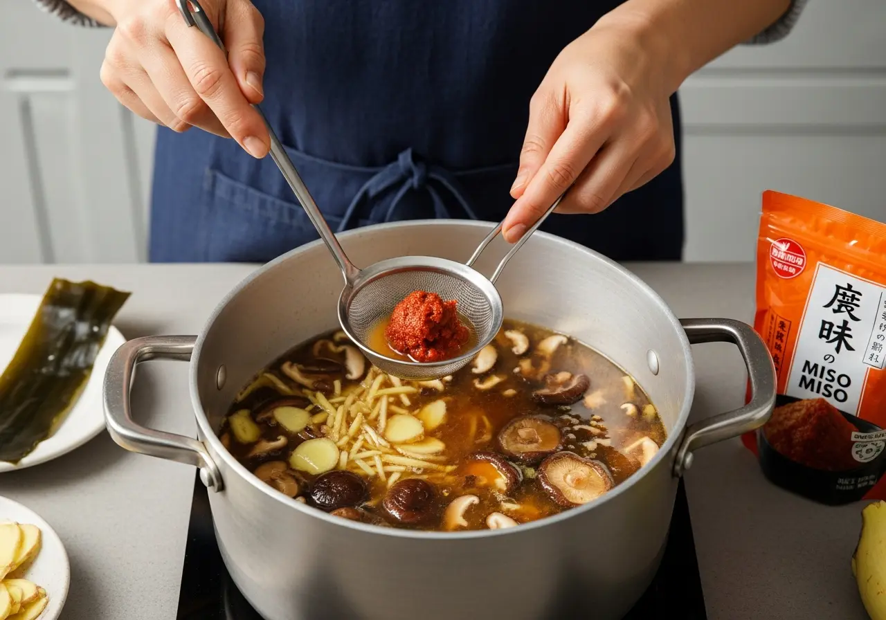 Making miso ramen broth by dissolving red miso paste into hot dashi stock using a ladle.