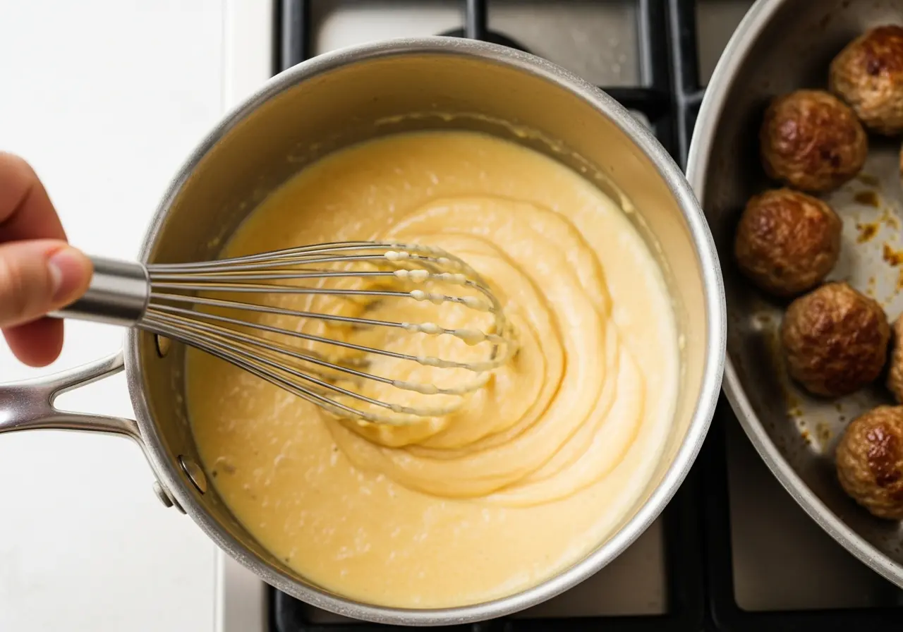Whisking butter and flour to make a roux for creamy Swedish meatball gravy.