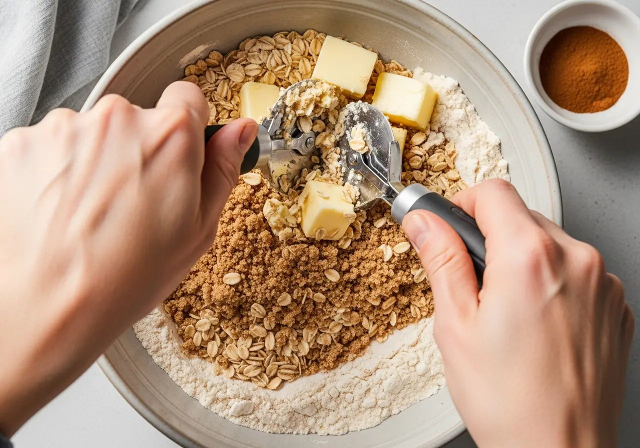 Hands cutting cold butter into flour and oats to make crumble topping for dessert.