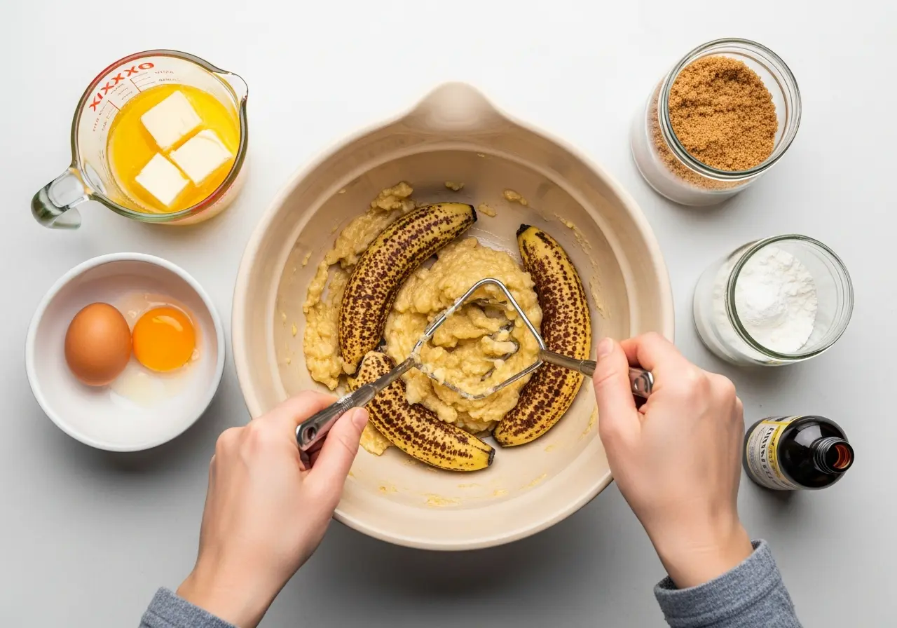 Mashing overripe brown bananas in a bowl to make moist and sweet banana bread batter.