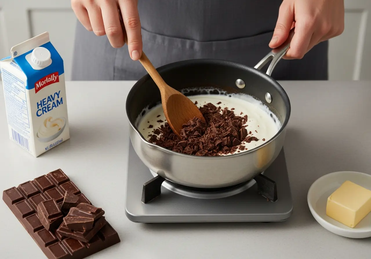 Making chocolate fondue by melting dark chocolate with heavy cream in a saucepan.