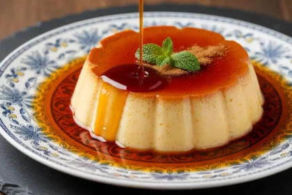Smooth Mexican flan custard drizzled with caramel sauce on a plate.