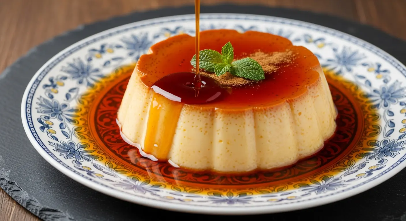 Smooth Mexican flan custard drizzled with caramel sauce on a plate.