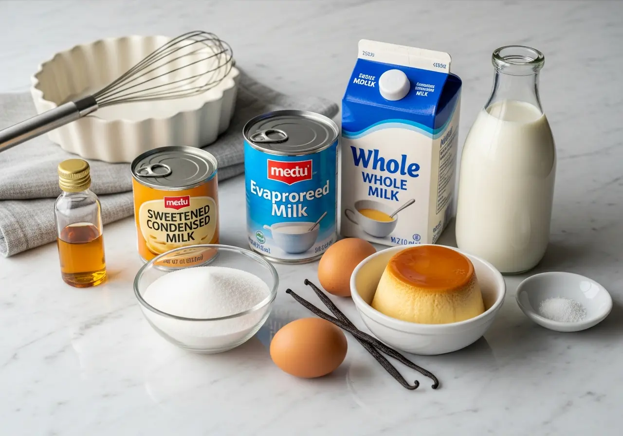 Ingredients for Mexican flan: condensed milk, evaporated milk, eggs, sugar, and vanilla.