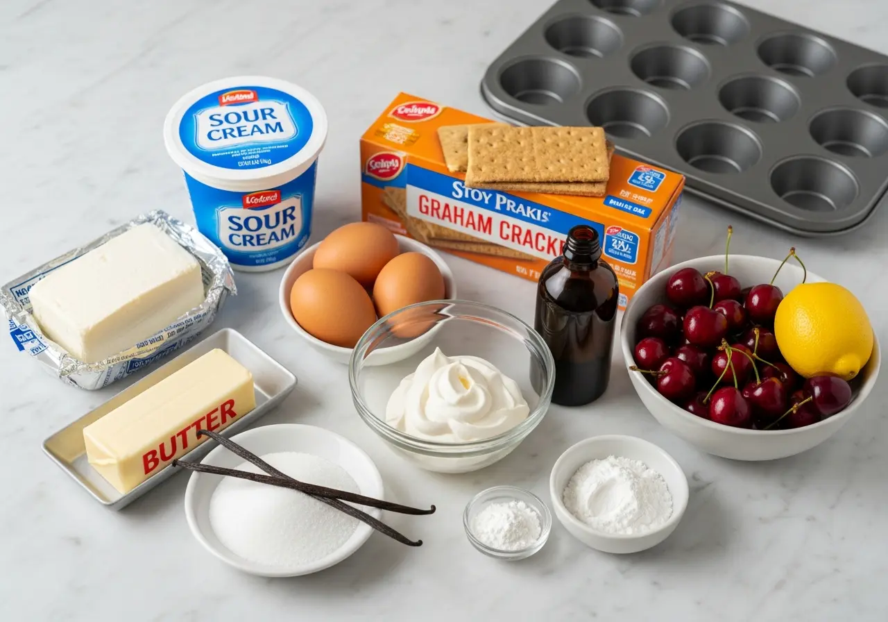 Ingredients for mini cheesecakes: cream cheese, graham crackers, cherries, sugar, and eggs.