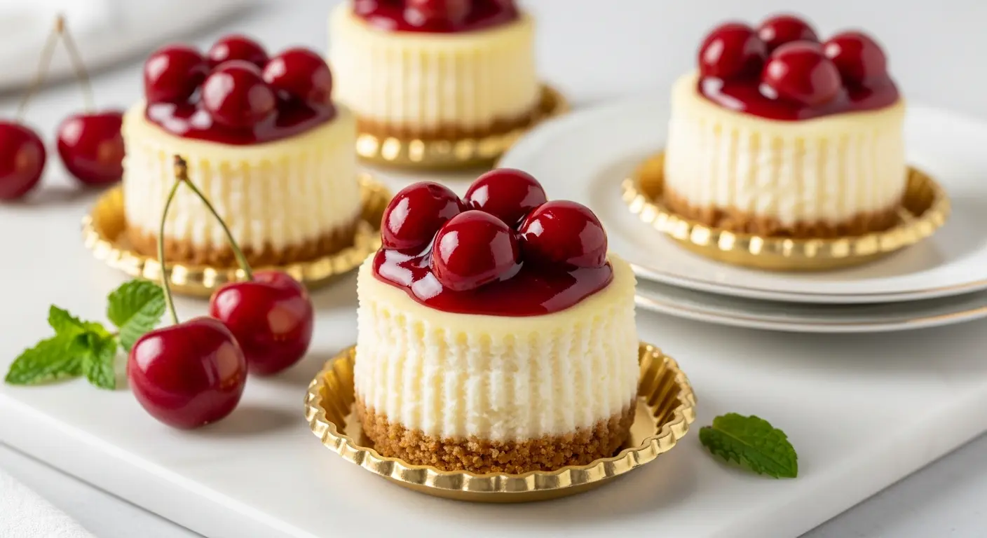 Mini cheesecakes topped with glossy cherry compote in paper liners.