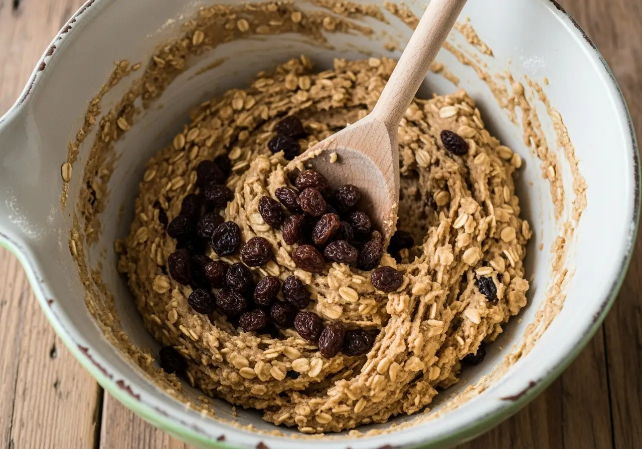 Mixing raisins into oatmeal cookie dough before baking.