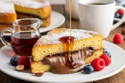 Golden brown Nutella stuffed French toast slice cut open, revealing melted chocolate hazelnut filling, topped with powdered sugar, fresh berries, and maple syrup.