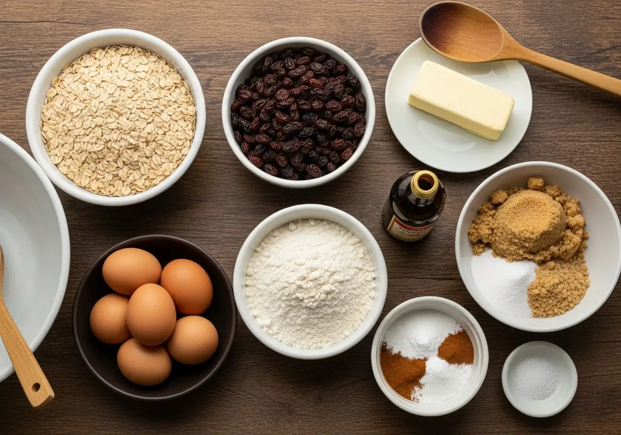 Ingredients for oatmeal raisin cookies: oats, raisins, butter, sugars, eggs, and cinnamon.