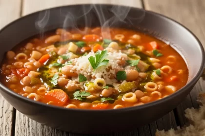 Hearty Italian Pasta e Fagioli soup with beans and pasta in a rustic bowl, topped with cheese and parsley.