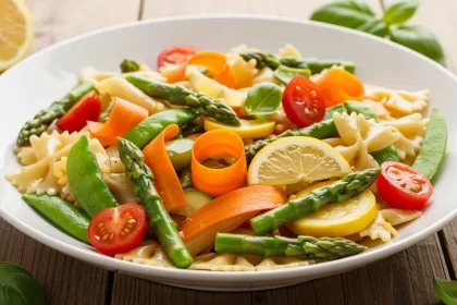 Classic pasta primavera in a bowl with asparagus, zucchini, cherry tomatoes, and snap peas.
