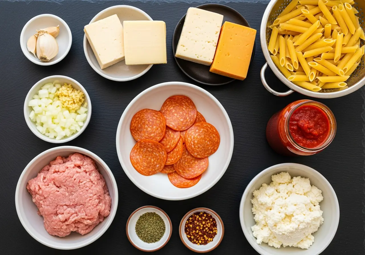 All ingredients laid out for pepperoni pizza casserole: ground turkey, pepperoni, cheeses, pasta, sauce, and spices.