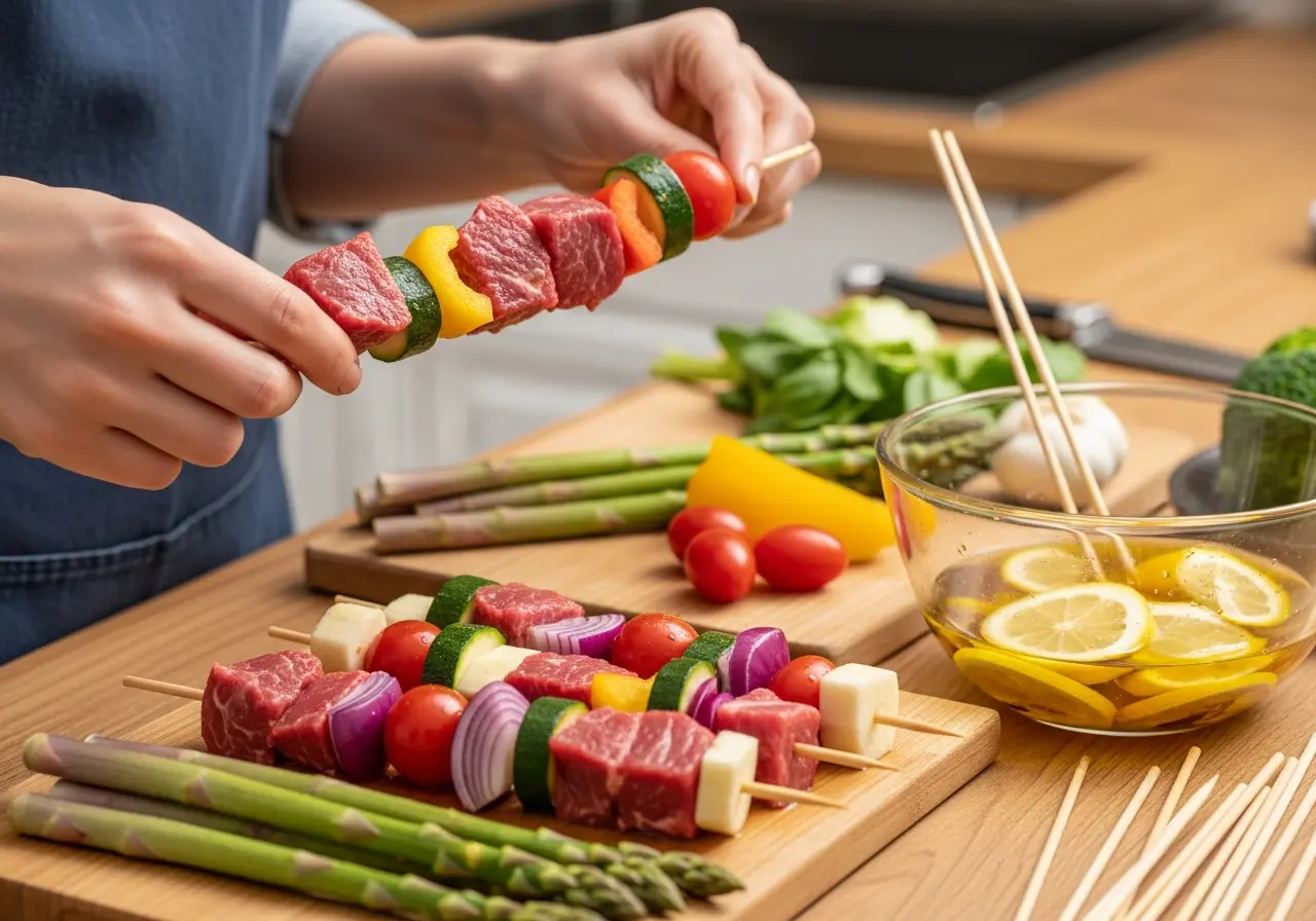 Preparing beef kabobs by threading marinated beef cubes and fresh spring vegetables onto skewers