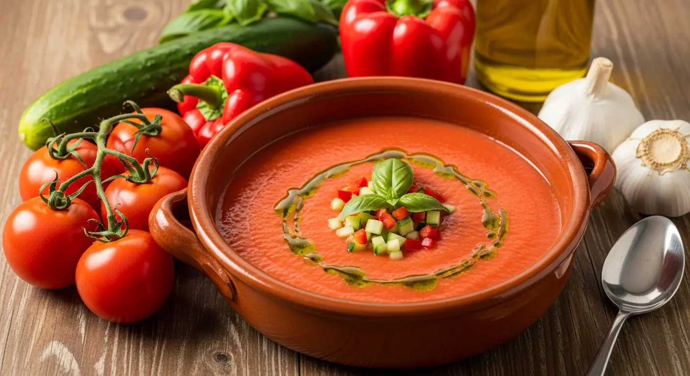 Vibrant classic Spanish gazpacho in a terracotta bowl with fresh ripe tomatoes, cucumber, bell pepper, and olive oil, garnished with herbs. A refreshing cold tomato soup recipe.