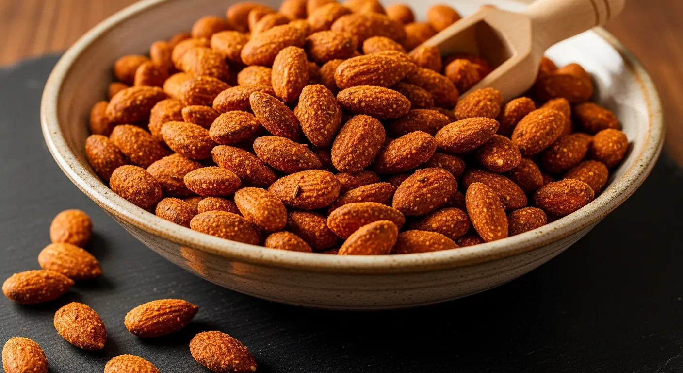 Homemade roasted spiced almonds in a rustic bowl, coated with smoked paprika and cumin seasoning.
