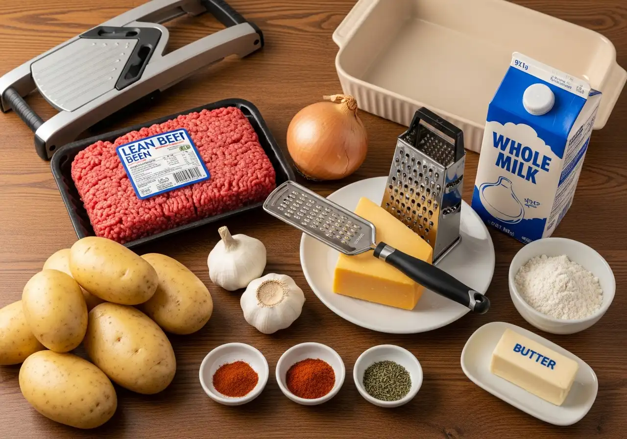 Ingredients for scalloped potatoes with ground beef: potatoes, beef, cheese, milk, and spices.