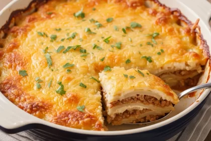 Scalloped potato and ground beef casserole with a golden cheese crust in a baking dish.