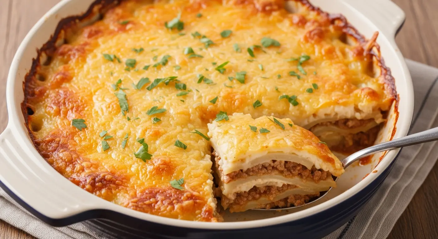 Scalloped potato and ground beef casserole with a golden cheese crust in a baking dish.
