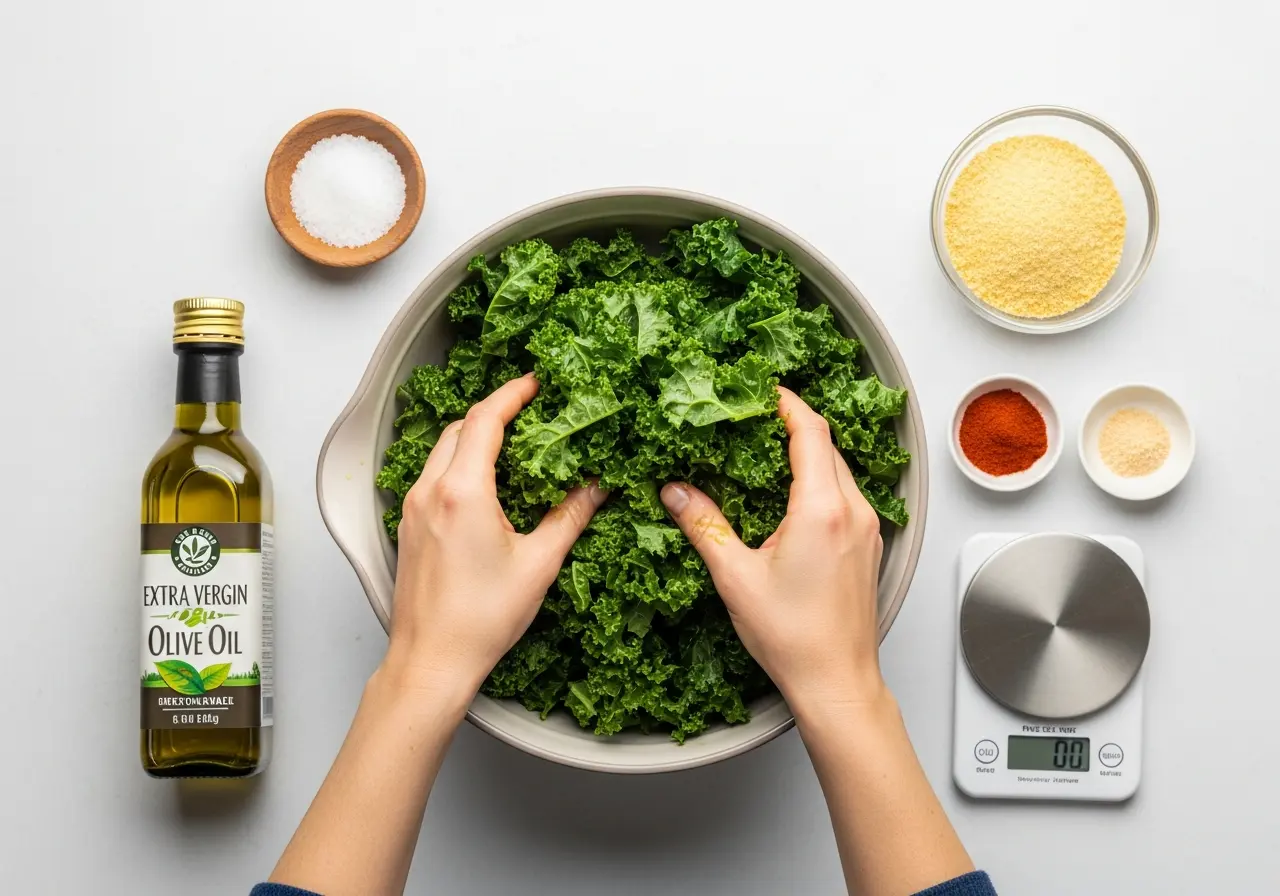 Preparing kale chips by massaging fresh kale leaves with olive oil and seasonings in a bowl before air frying.