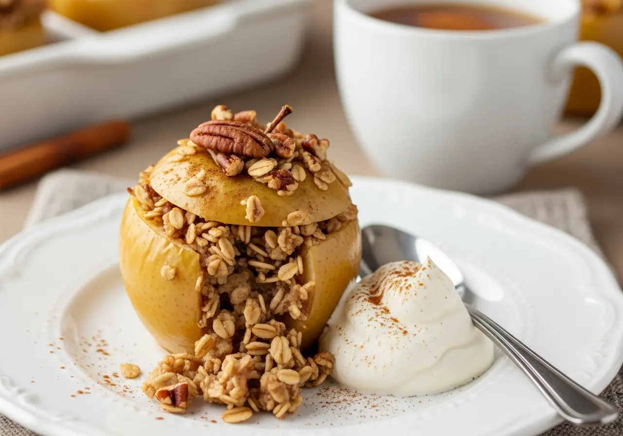 Single serving of a baked apple stuffed with oatmeal, topped with whipped cream and pecans.