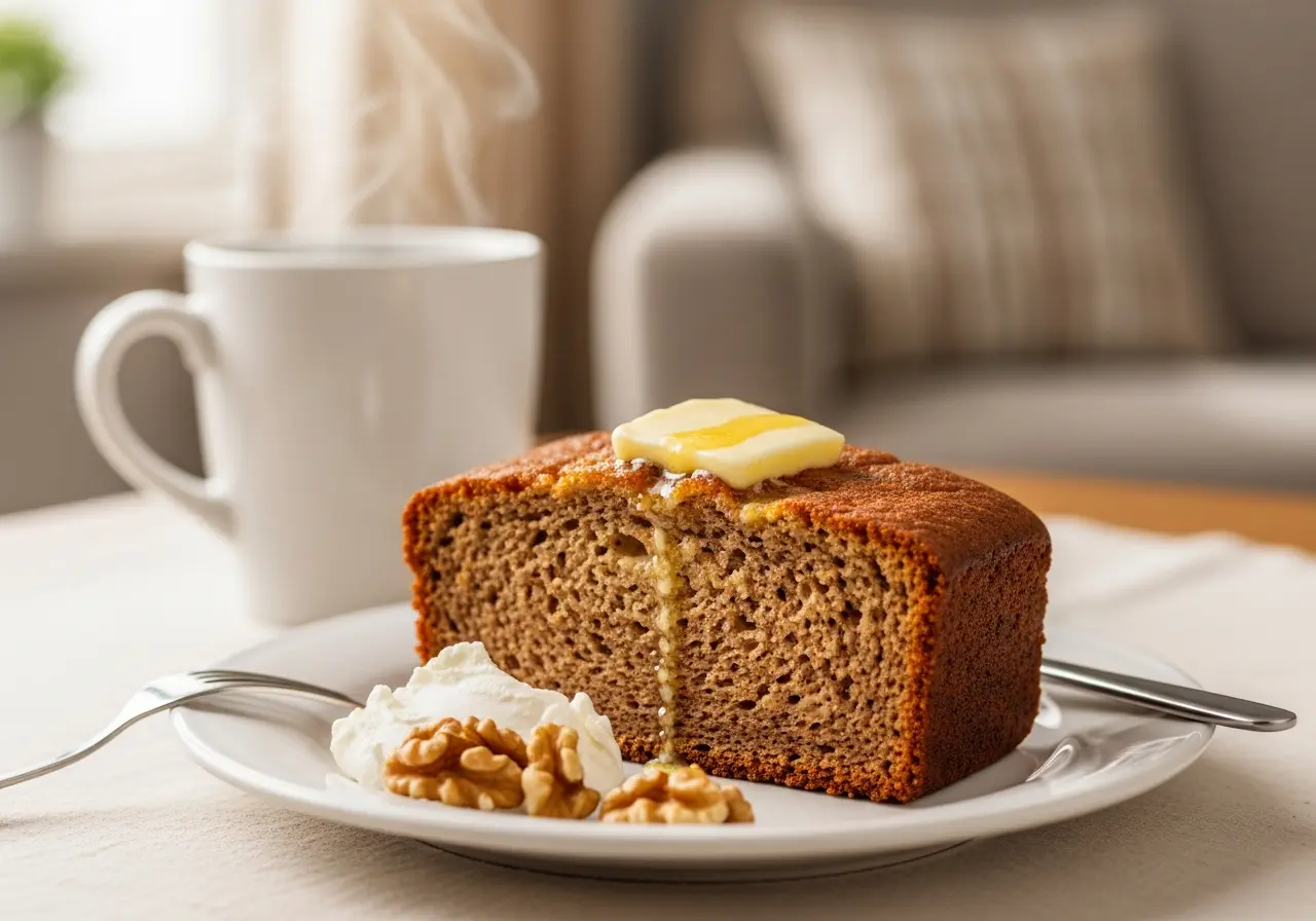Warm slice of homemade walnut banana bread served with cream cheese and a cup of coffee for breakfast.