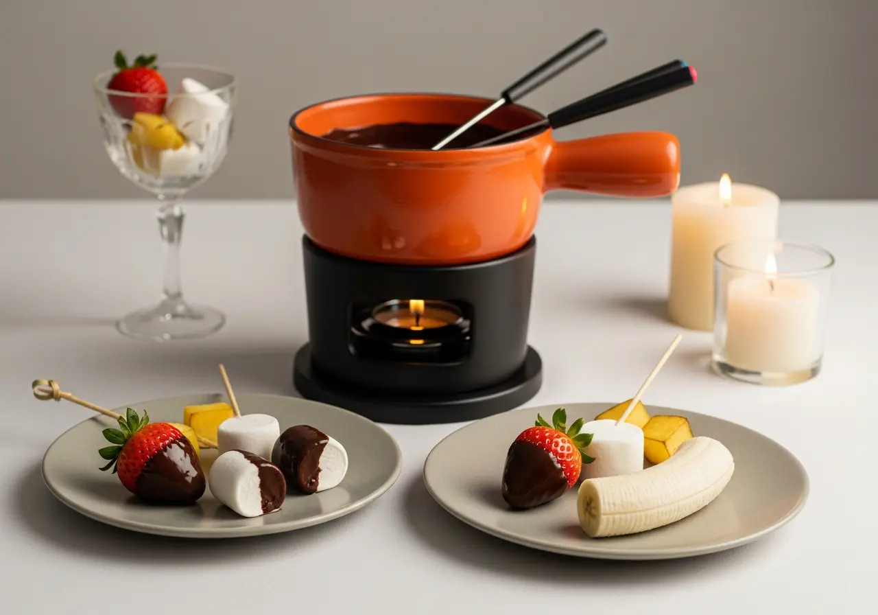 Romantic chocolate fondue for two with dipped strawberries and marshmallows on a dessert table.