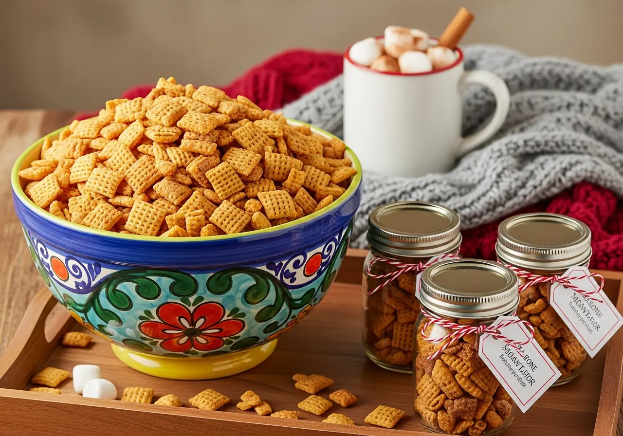 Sweet and salty churro snack mix served in a party bowl with hot chocolate.