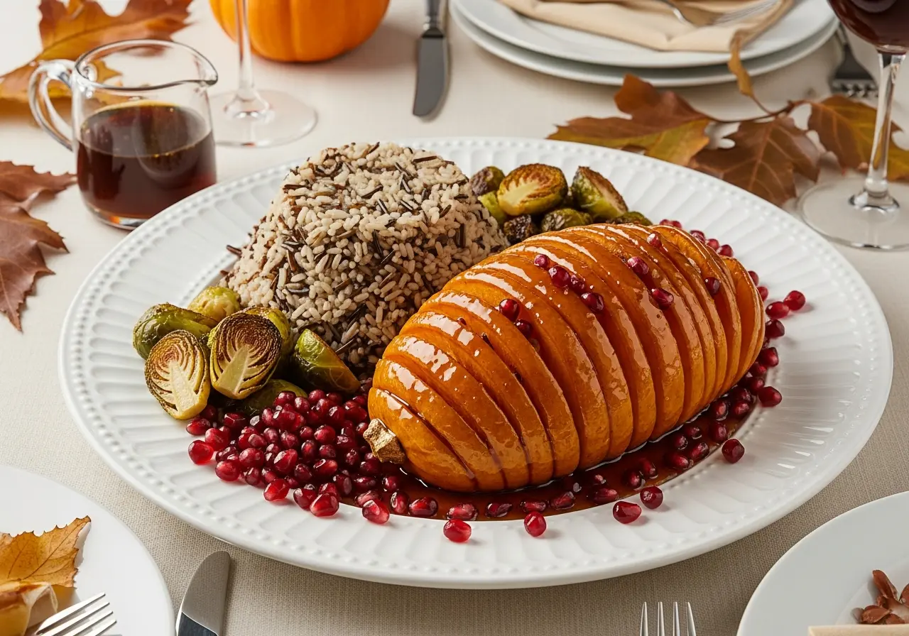 Plated Hasselback butternut squash with maple glaze, served with wild rice and pomegranate seeds.