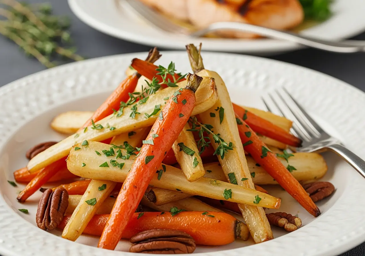 Serving of warm honey glazed roasted parsnips and carrots in a white bowl, garnished with fresh parsley and pecans, perfect side dish.