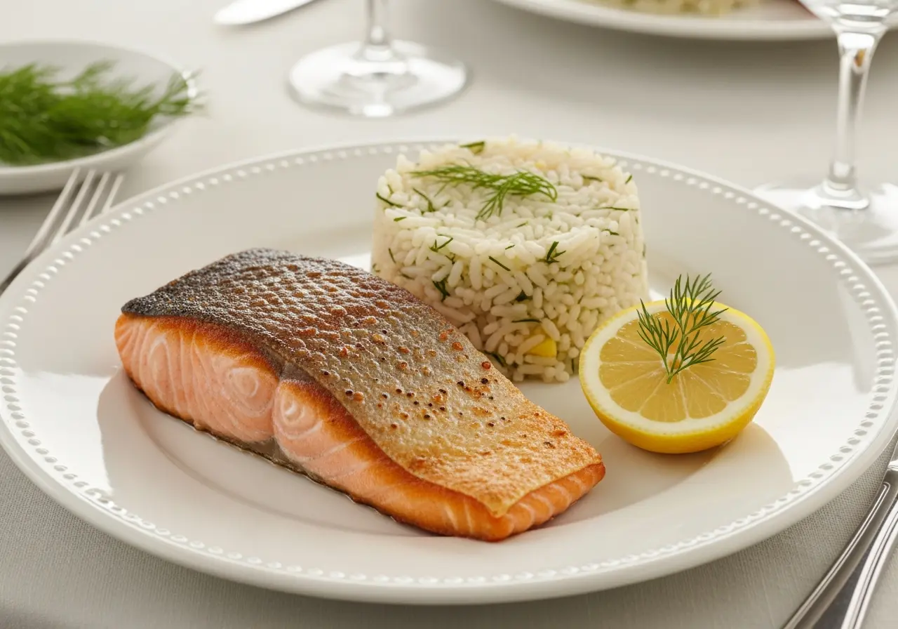  Bright lemon dill rice served as a side dish with pan-seared salmon.