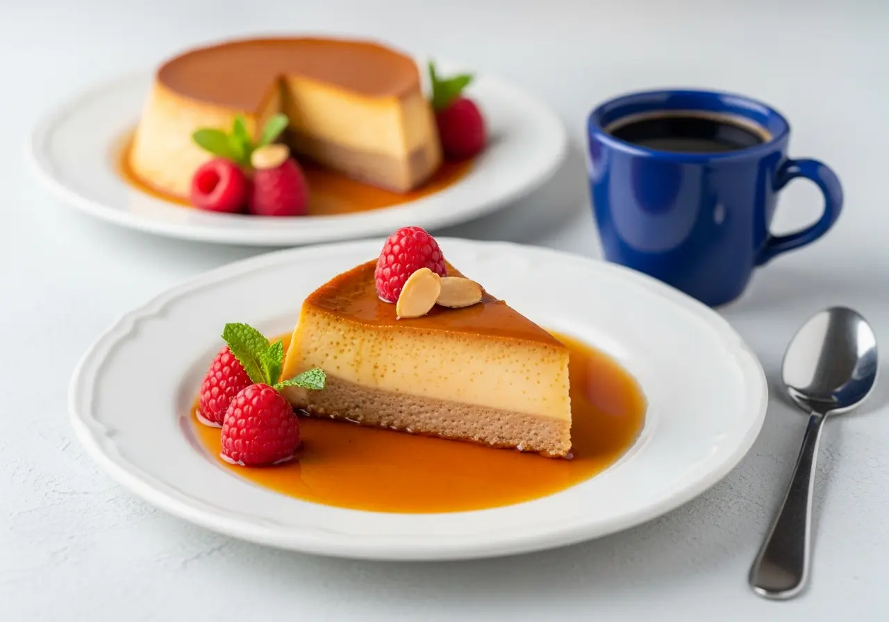 Slice of Mexican flan served on a plate with fresh berries and coffee.