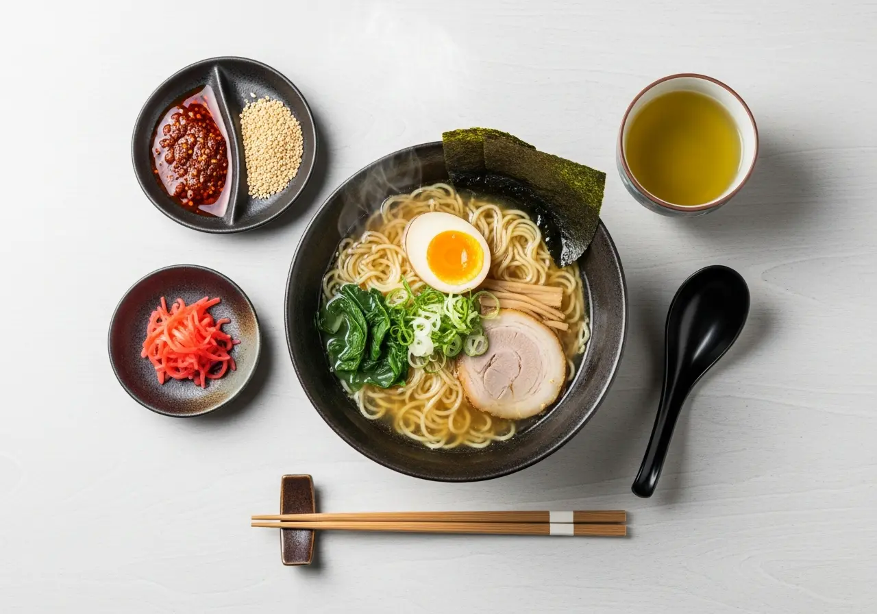 Complete Japanese miso ramen meal served with traditional sides like chili oil, pickled ginger, and tea.