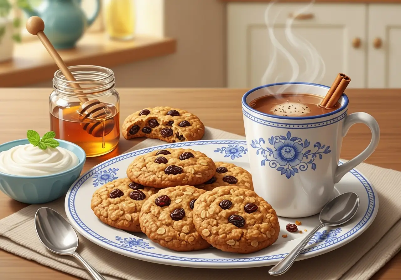 Plate of oatmeal raisin cookies served with a mug of chai tea.