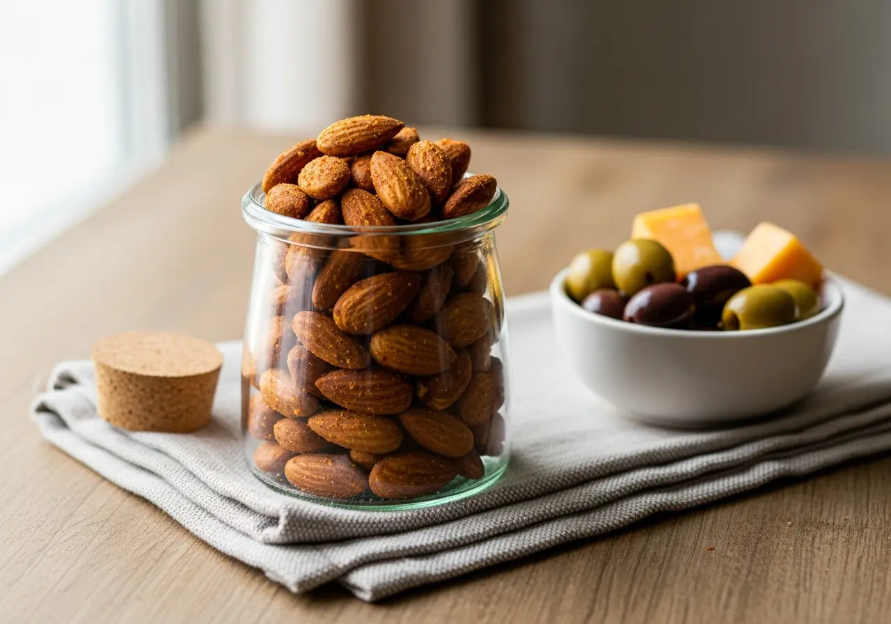 Roasted spiced almonds stored in a glass jar, perfect for healthy snacks or charcuterie boards.