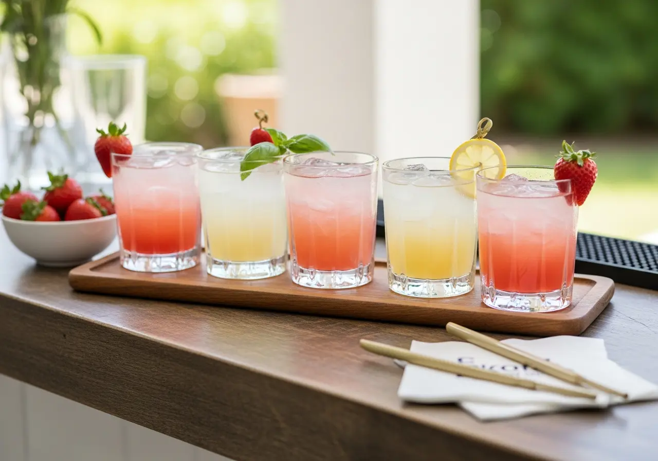 Party-ready strawberry basil mocktails served on a wooden tray for summer gatherings.