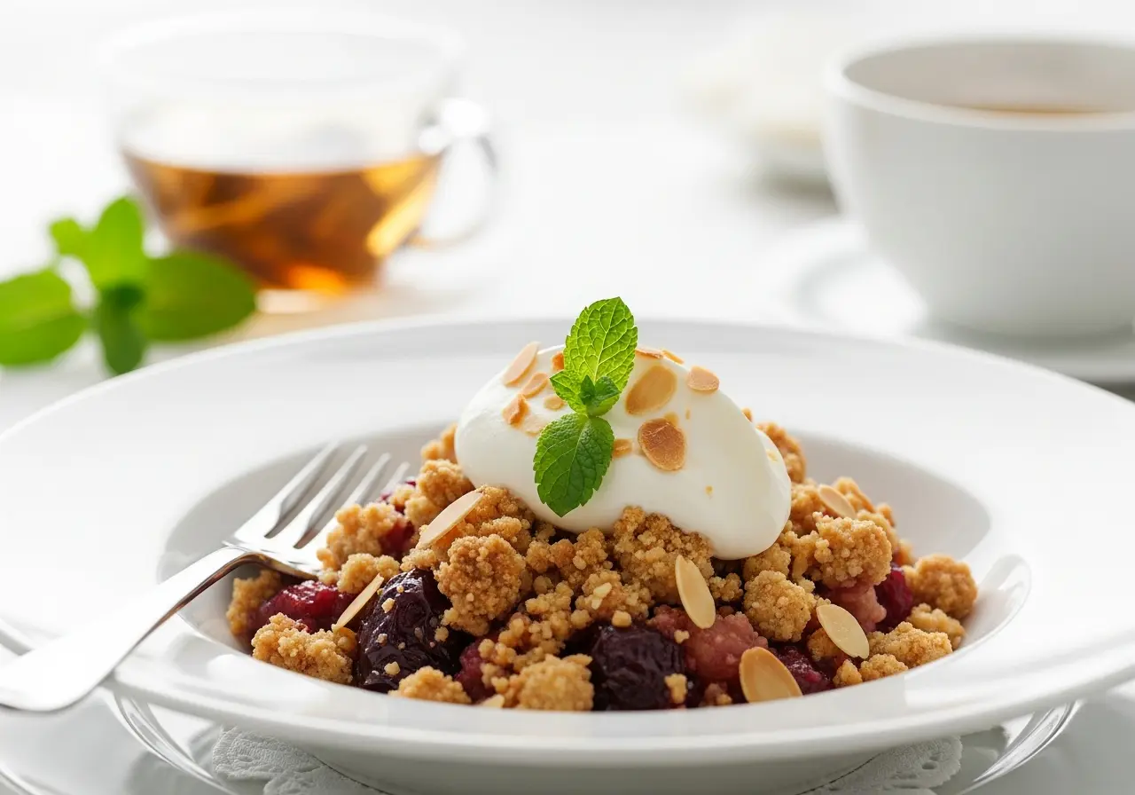 Served strawberry rhubarb crumble in a bowl with whipped cream and almond garnish.