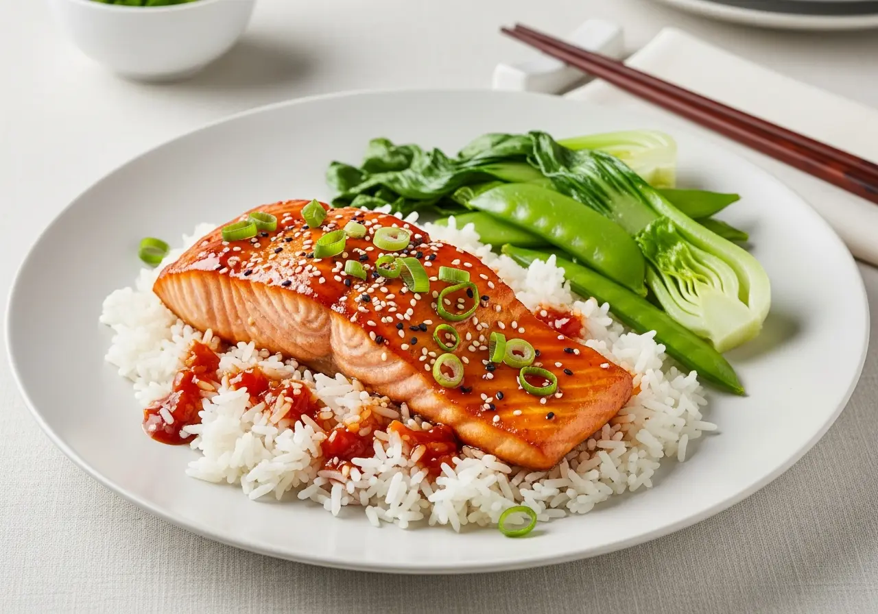 Served Thai sweet chili salmon on jasmine rice with steamed bok choy, a complete dinner plate.
