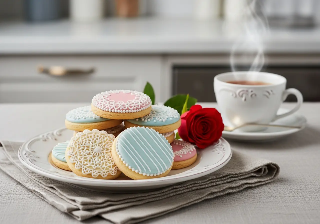 Plate of decorated Valentine's heart cookies ready to serve with a cup of tea, perfect for a nostalgic gift.