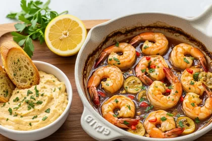 Garlic butter shrimp scampi in a skillet served with creamy garlic dip and toasted baguette slices.